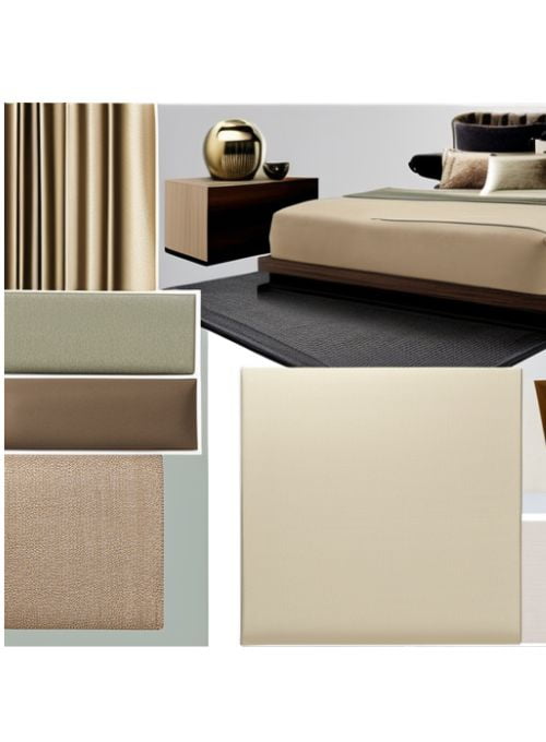 A mood board featuring various material pieces for bedroom