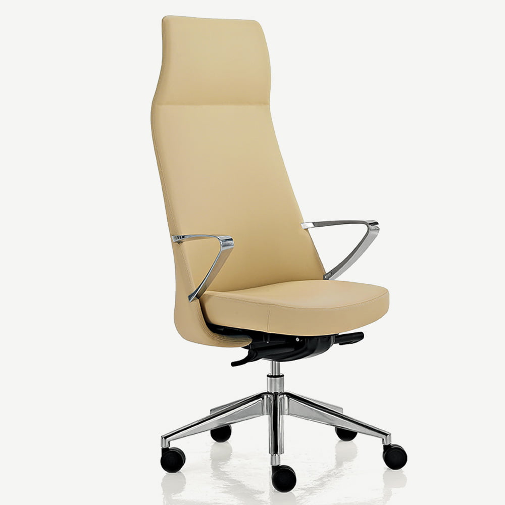 Executive chair with a tall back on wheels in beige color