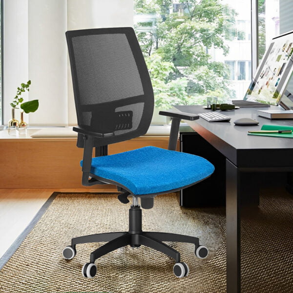 Office chair with blue seat in a modern interior design