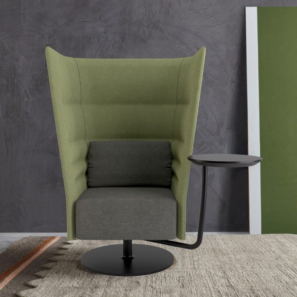 Olive Privacy office chair with a small desk for a laptop and coffee in an interior