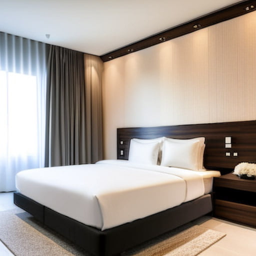 The hotel bedroom interior boasts elegant decor and thoughtful design elements that create a sophisticated and inviting ambiance.