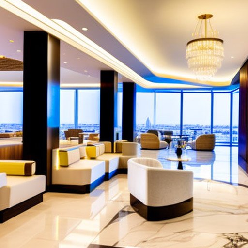 The hotel lobby is spacious and elegantly designed, with plush sofas and a grand chandelier.