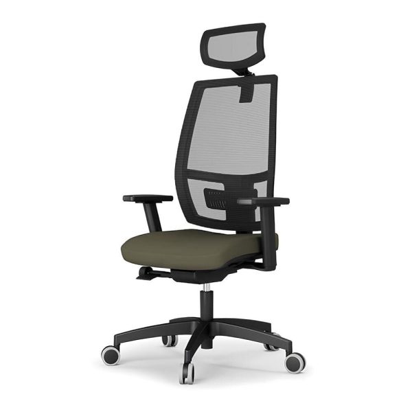 This office chair features a high mesh back with an adjustable headrest for optimal support and comfort
