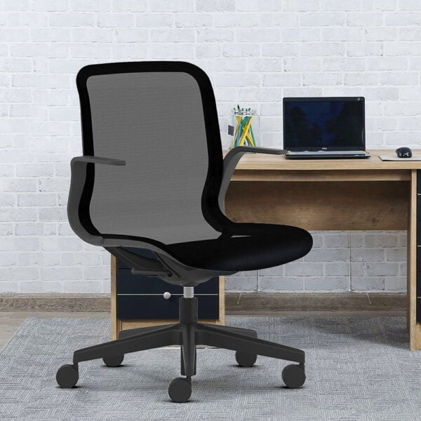 black office chair with wheels and mesh style fabric back for office work