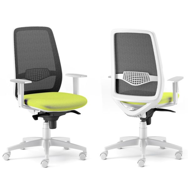 2 Whte and green office chairs on wheels