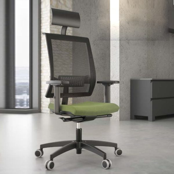 Ergonomically designed office chair on wheels for optimal comfort and support during long work hours.
