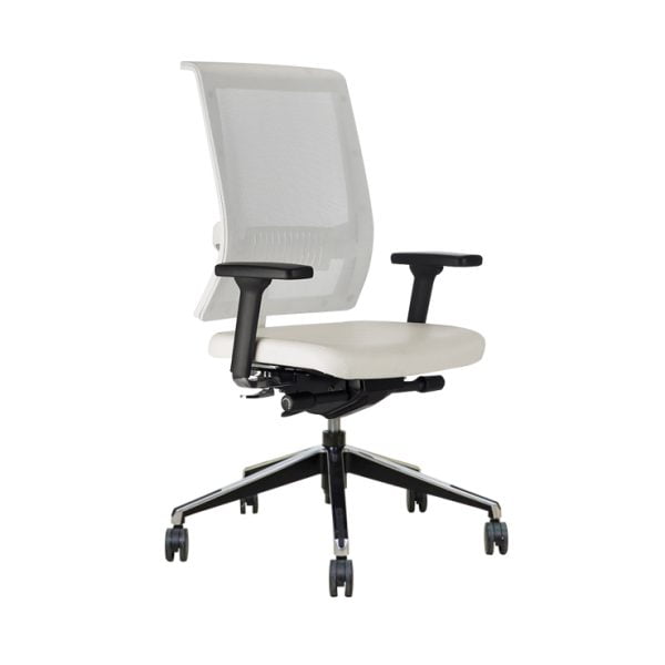 Height-adjustable office chair with wheels, accommodating users of different heights.