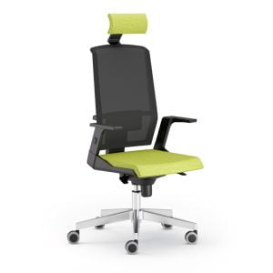 High-back office chair with caster wheels, ideal for extended hours of work.
