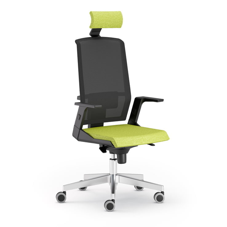 High-back office chair with caster wheels, ideal for extended hours of work.