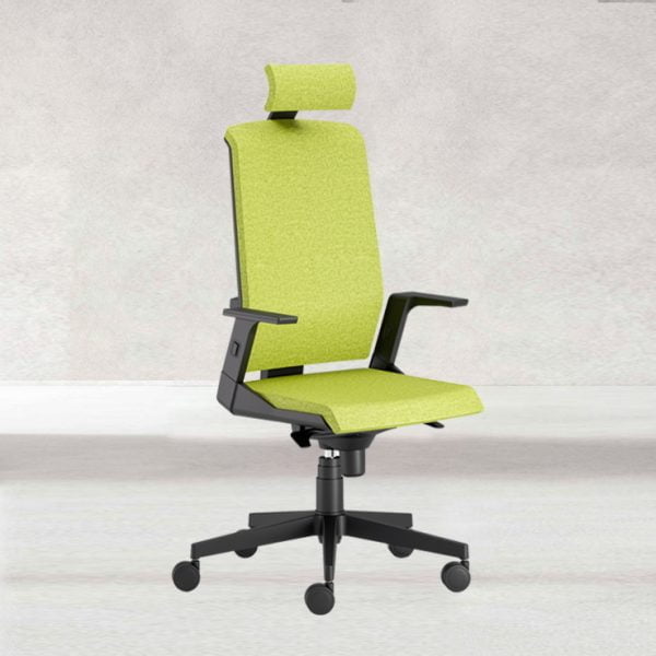 Mobile office chair with lockable wheels for stability during tasks.