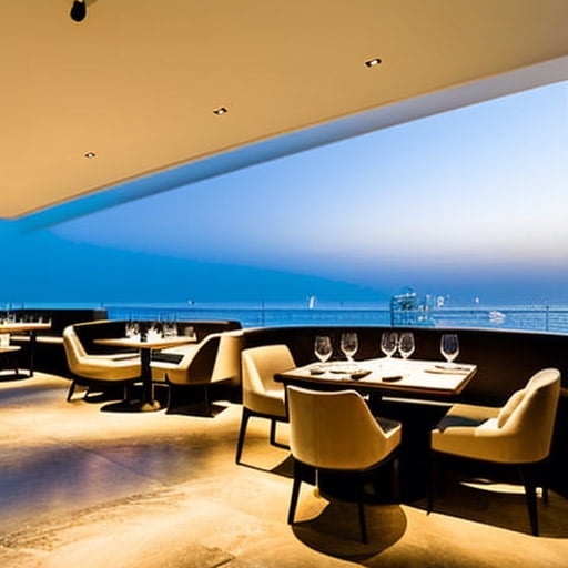 The minimalistic design of the restaurant furniture creates a simple and clean aesthetic.