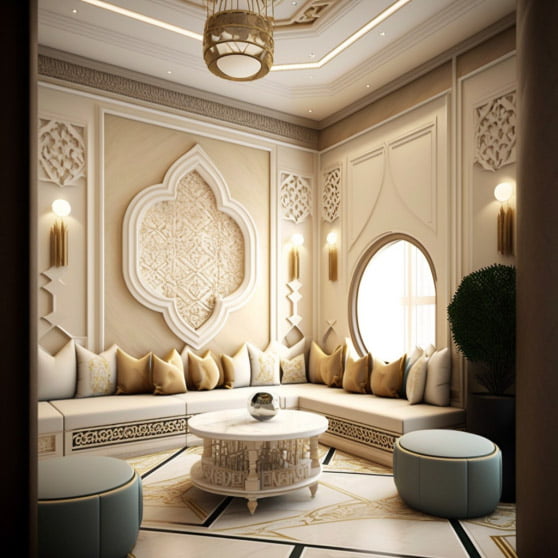 Traditional Arabic majlis with a continue sofa and beautiful decoration in a house in Dubai