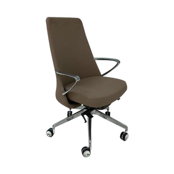 A low back chair with an upholstered seat and back with moulded high-density foam provides comfort for long meetings.