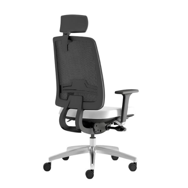 A modern desk chair with a breathable backrest and grey upholstery.
