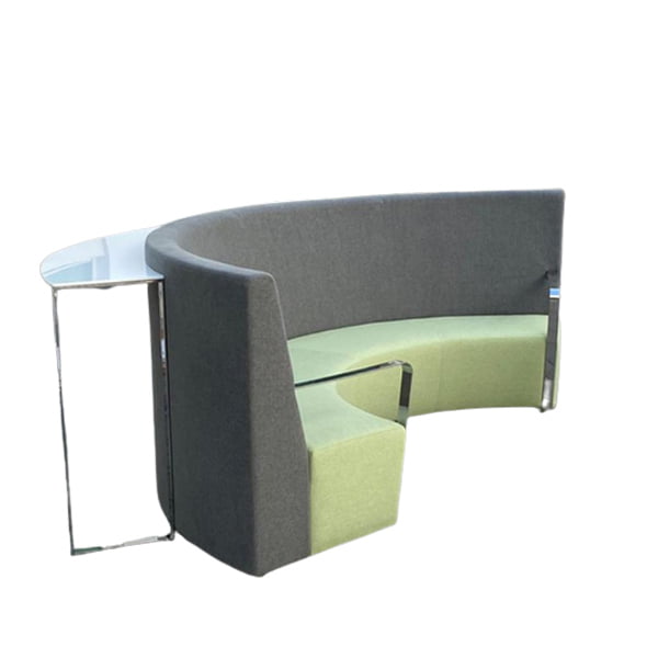 Curved office sofa with tall back and with a built-in console on the back