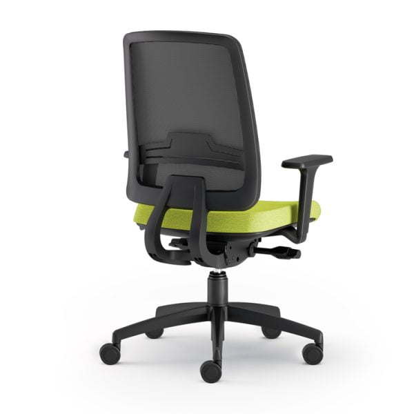 High-back office chair on wheels for added neck and head support.
