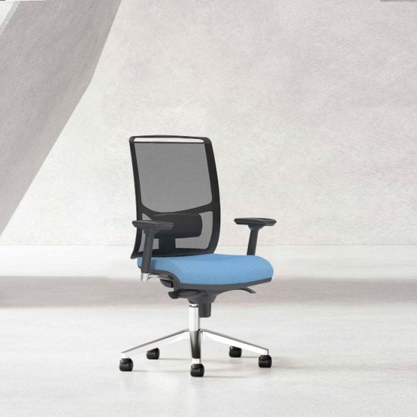 High-back office chair on wheels for improved posture and lumbar support.
