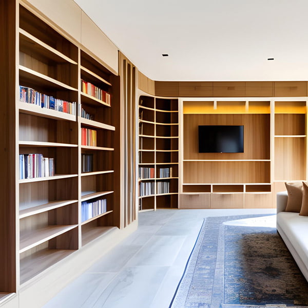 Home office library with wall to wall cabinets
