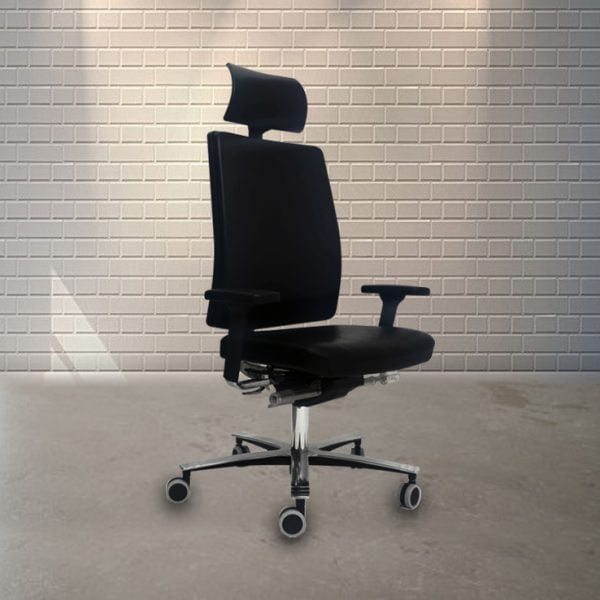 Modern and versatile office chair on wheels, suitable for various work environments.