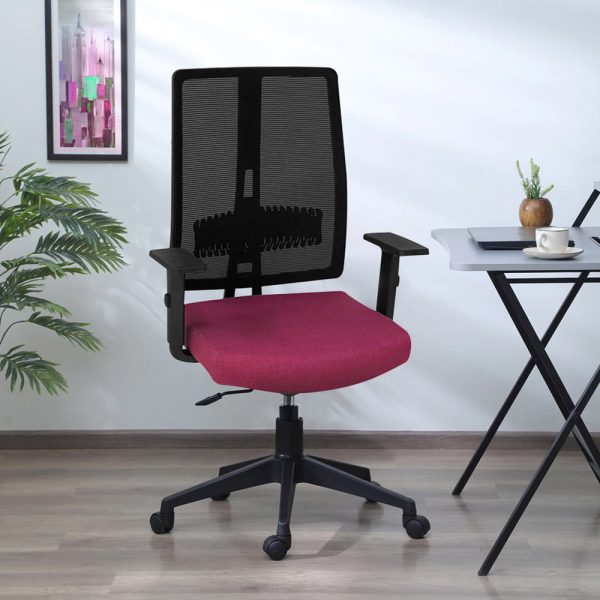 Purple office chair on wheels with mesh back