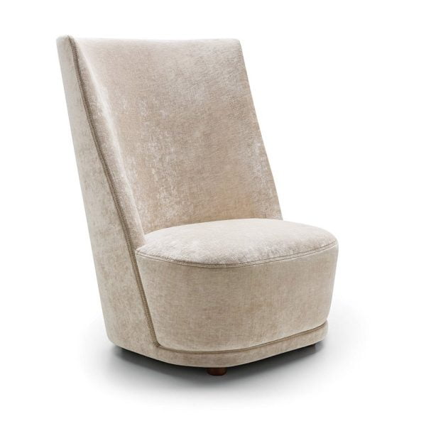 The tall back armchair is the epitome of modern sophistication, with its clean lines, smooth curves, and opulent fabric