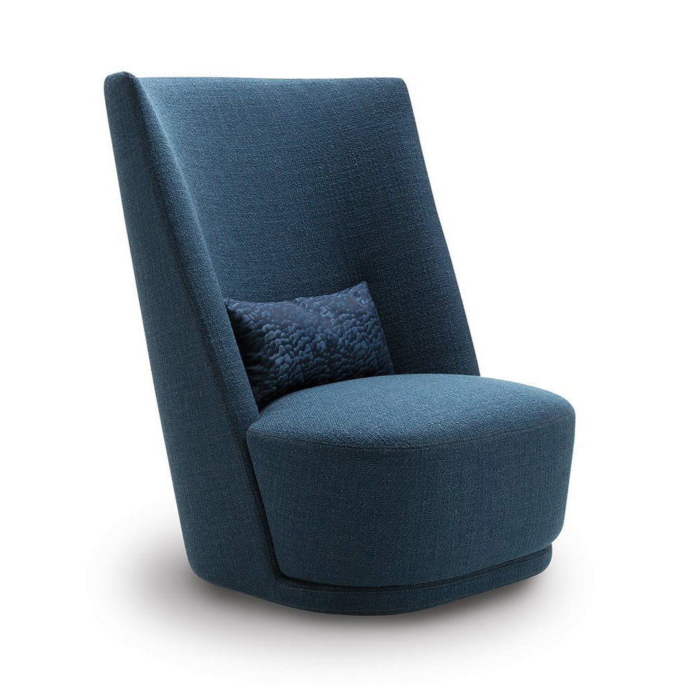 This armchair boasts a commanding presence with its tall, graceful backrest and soft, luxurious fabric upholstery