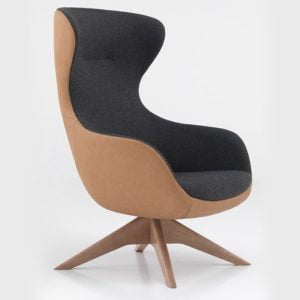 Wooden swivel office chair with egg shape appearance and functionality