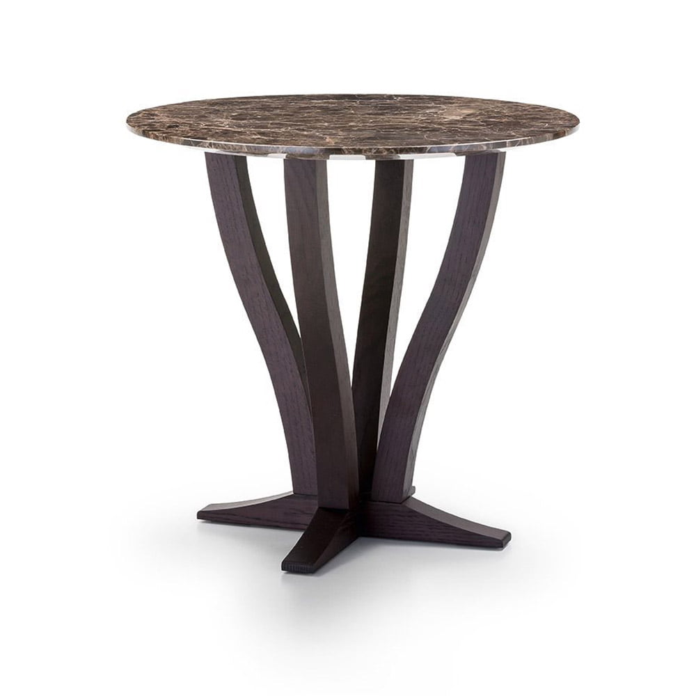 round coffee table with a marble top on a curved legs
