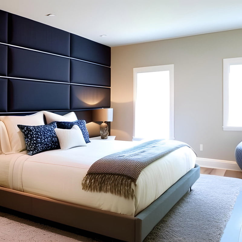 A contemporary bedroom interior design featuring a bed with a full-wall panel behind it, serving as a stylish and functional focal point of the room