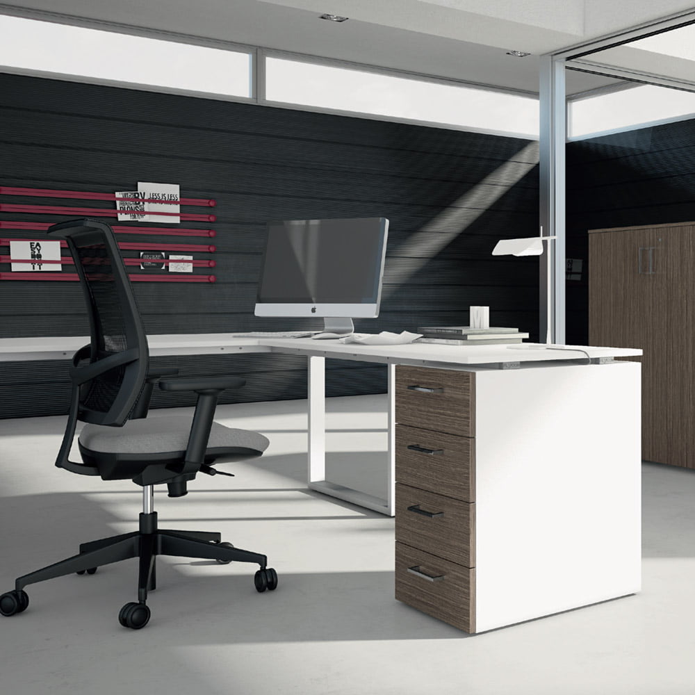 Corner l-shaped office desk with a slim drawer