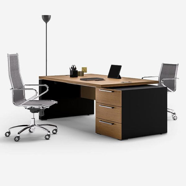 Embrace productivity and sophistication with the Executive office desk, characterized by its premium walnut, ebony, or wengé structure, front modesty panel