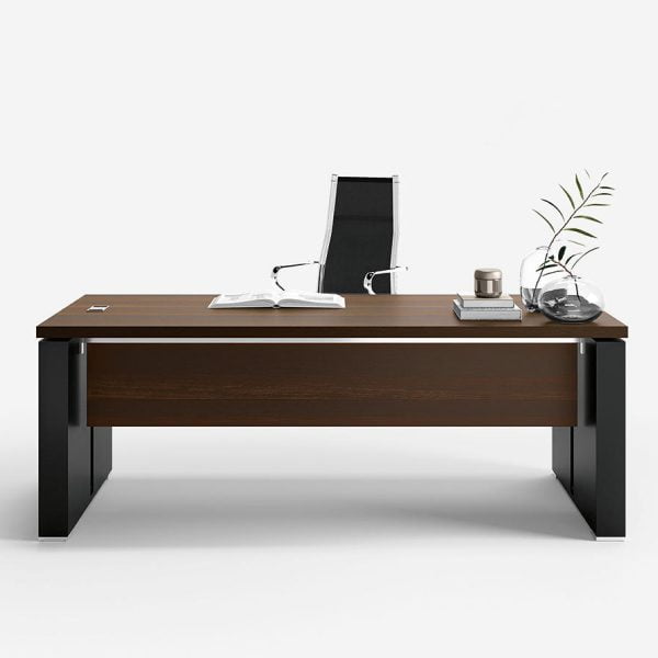 Executive office desk, meticulously crafted with a choice of walnut, ebony, or wengé finishes, and thoughtfully designed with a front modesty panel