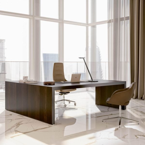 Experience the perfect blend of functionality and style with our expansive L-shaped executive desk, showcasing a refined wood finish and versatile storage s