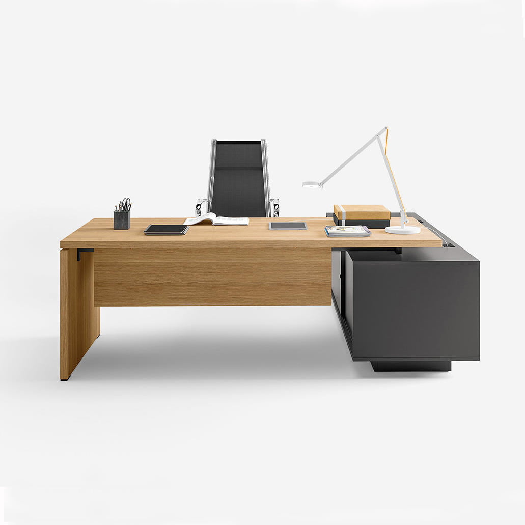 timeless elegance and superior craftsmanship with our executive office desk, where premium materials harmoniously blend to create a stunning workstation, complete with a walnut or melamine worktop and sturdy wood particle panel legs accented by ebony inserts