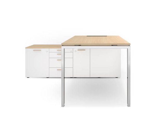 A corner office desk with built-in bookshelves, providing managers with convenient storage for reference materials.