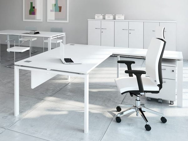 A glass-top office desk that adds a contemporary and sleek aesthetic to any manager's workspace