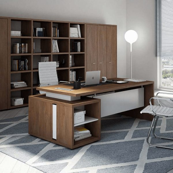 A spacious office desk with ample storage, ideal for managers who value organization