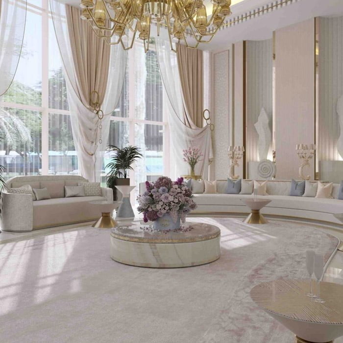Arabian luxury with this awe-inspiring majlis interior design, boasting lavish seating arrangements and intricate detailing