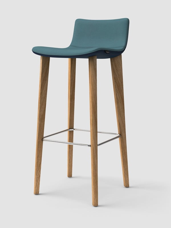 Bar stool on wooden legs and upholstered seat