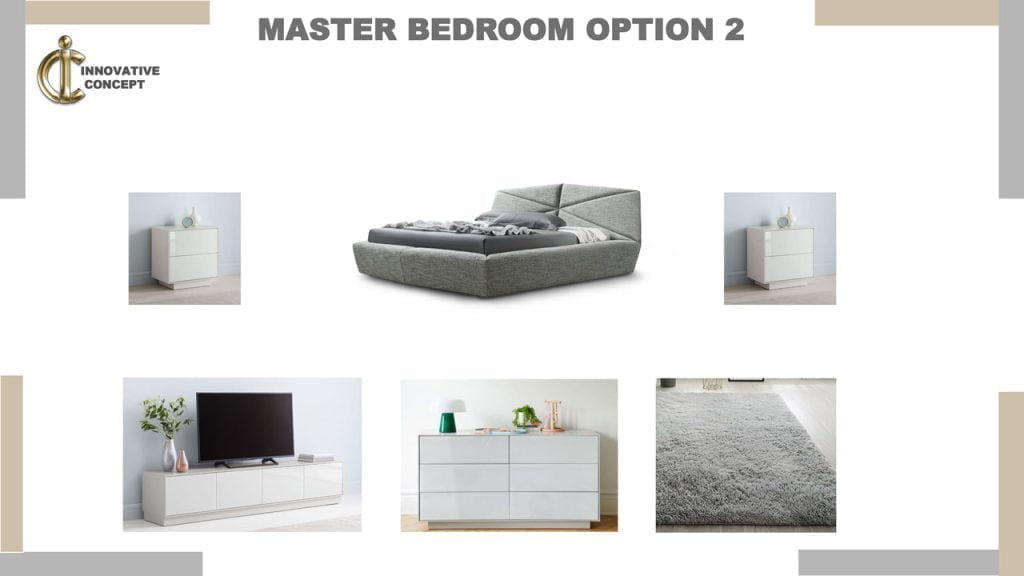 Designer bed with bed side tables and chest of drawers