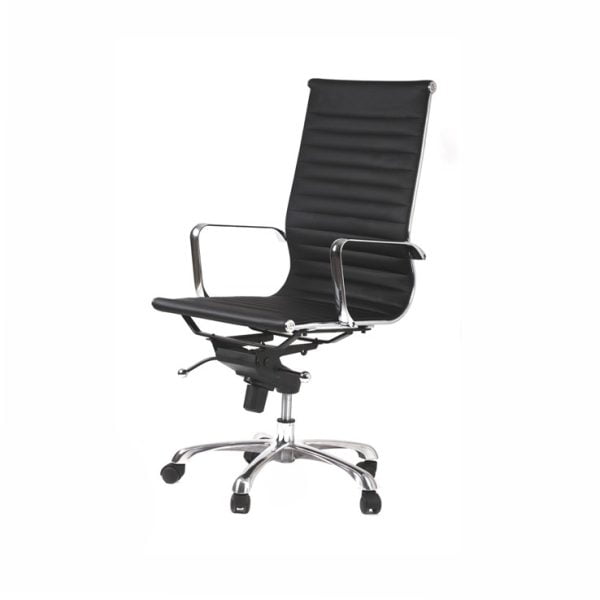 High-back executive meeting chair with smooth-gliding wheels, combining elegance and functionality.