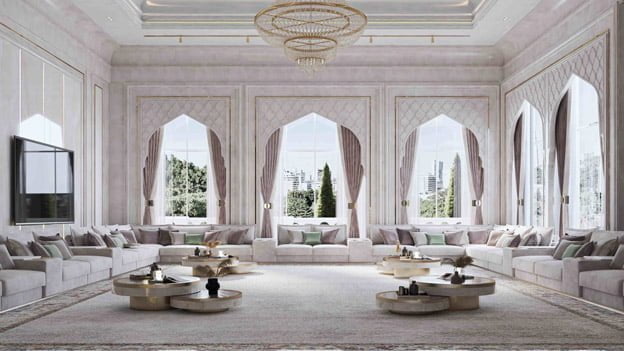 Large beautiful majlis interior design with sofas