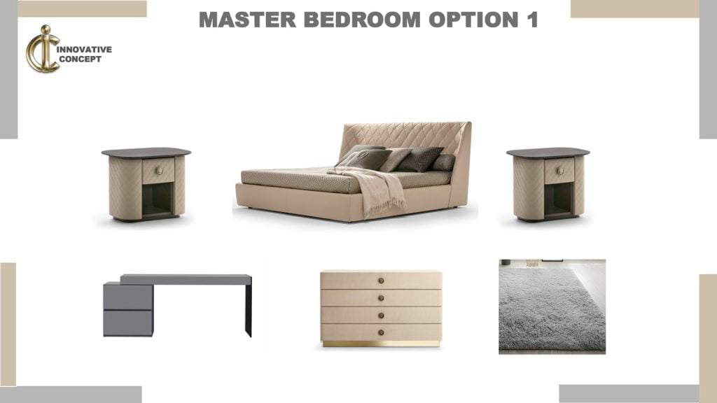 Master bedroom with a king size bed with luxury side tables and console