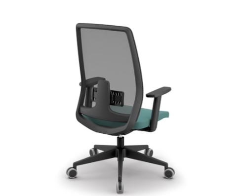 Mesh-back office chair with swivel wheels, promoting breathability and flexibility