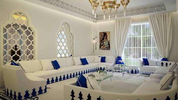 Moroccan style majlis interior design with designer continue sofa