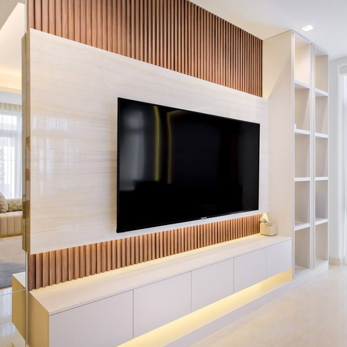TV wall cladding with storage cabinets and display
