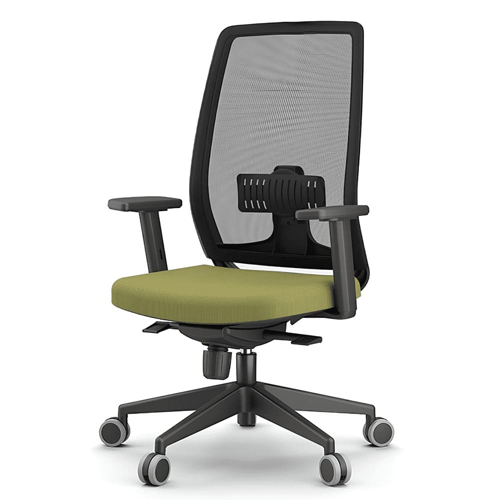 The ergonomic design includes adjustable armrests and lumbar support to promote proper posture during long hours of sitting.
