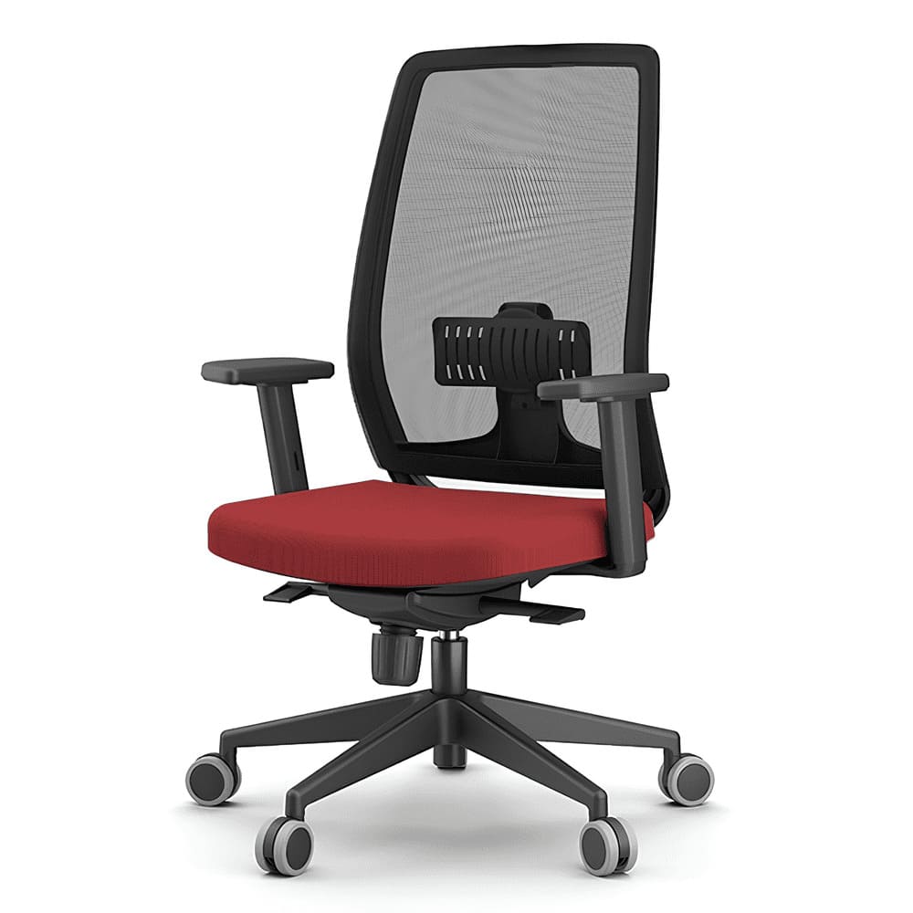 This office chair features a mesh backrest for breathable support and a comfortable red cushioned seat.