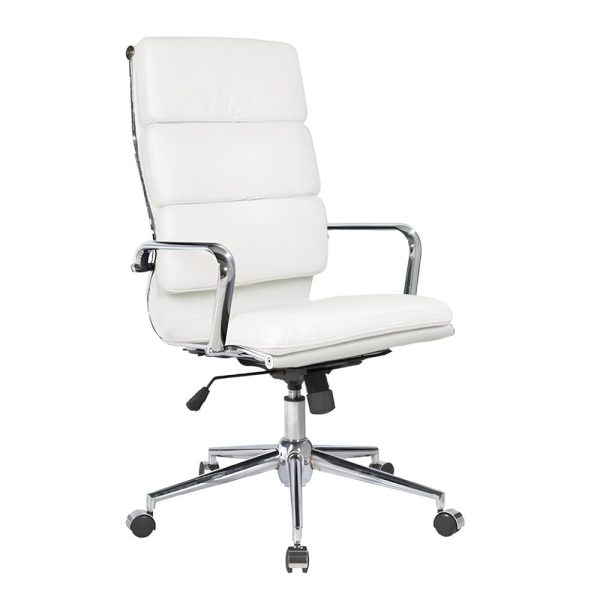 This office chair features a polished chrome frame and white leather upholstery, offering a sleek and modern look