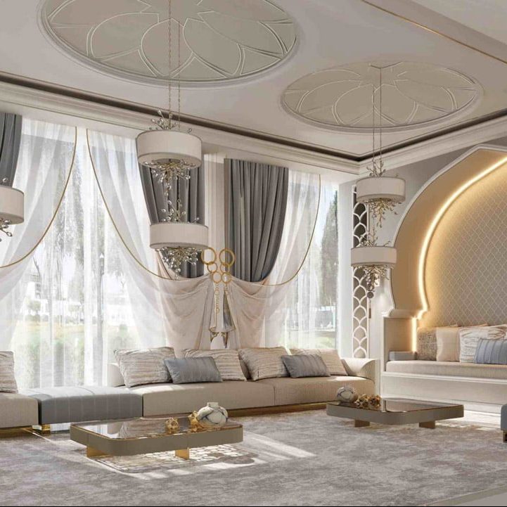 the timeless elegance of an Arabic majlis interior design, where luxurious fabrics and intricate details create a regal ambiance